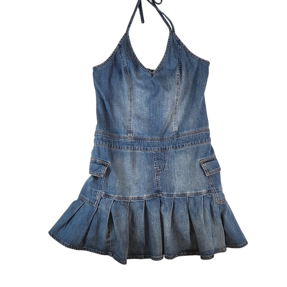 SMALL Denim TENNIS DRESS Halter Mini Schoolgirl Pleated Blue Jean WESTERN punk - Picture 1 of 7